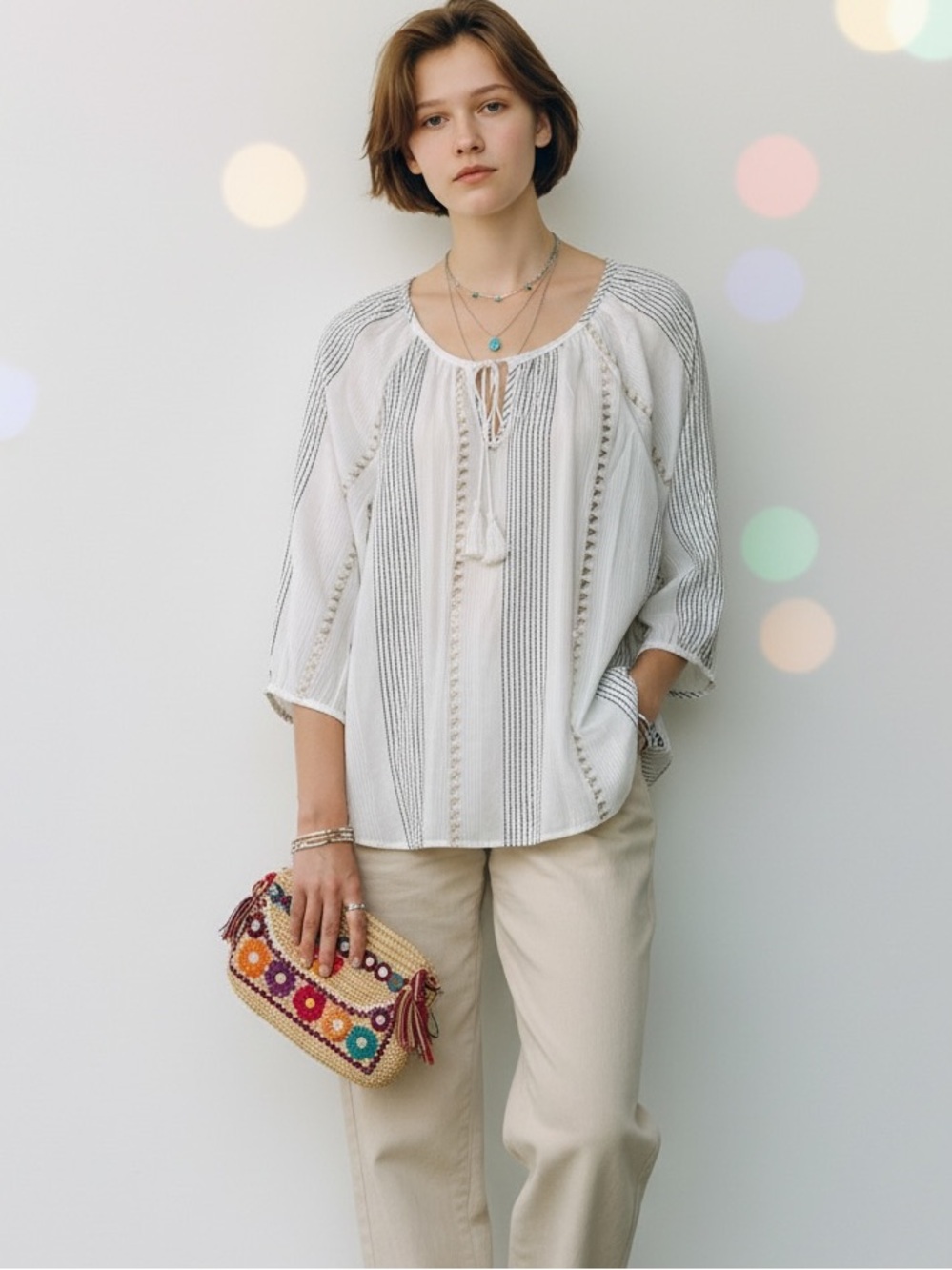Lovestitch White Crescent Moon Peasant Top Blouse Relaxed Fit w/Glitter Threads